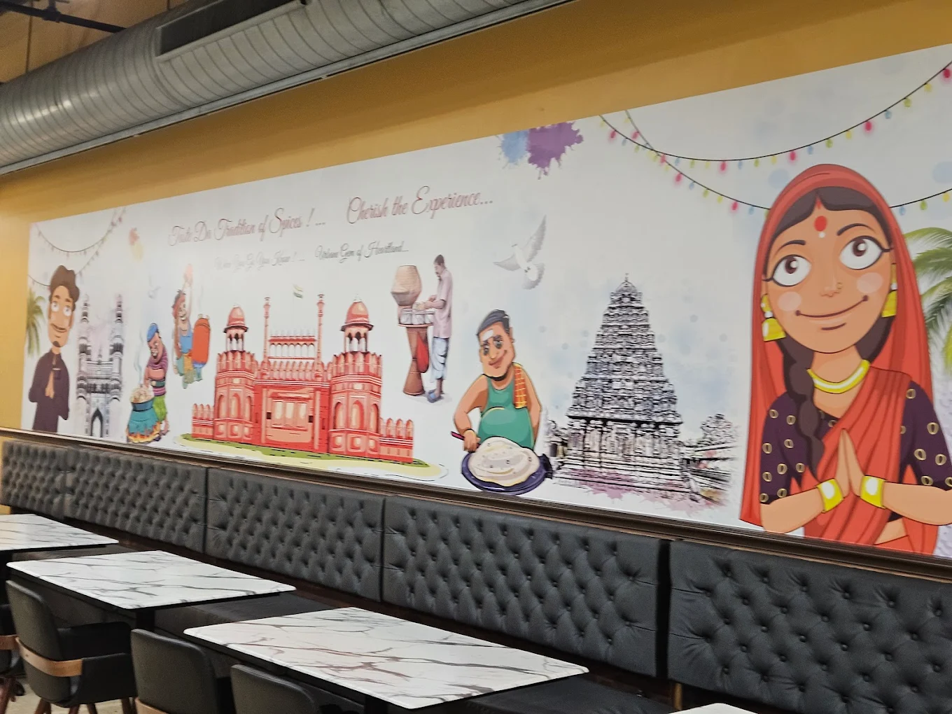 Close-up of the Curry NaanStop mural — Red Fort, Mahabalipuram temple, South Indian cook plating dosas, Indian matriarch in sari
